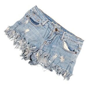 Machine Jeans Distressed Denim Cut Off Shorts Shaggy Fringe Hem Juniors Size 5
